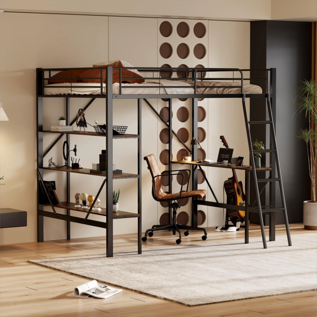 Letto a Soppalco 90×200 cm; Letto Singolo con Scrivania e 3 Scaffali; senza Materasso; in Metallo e MDF; Nero