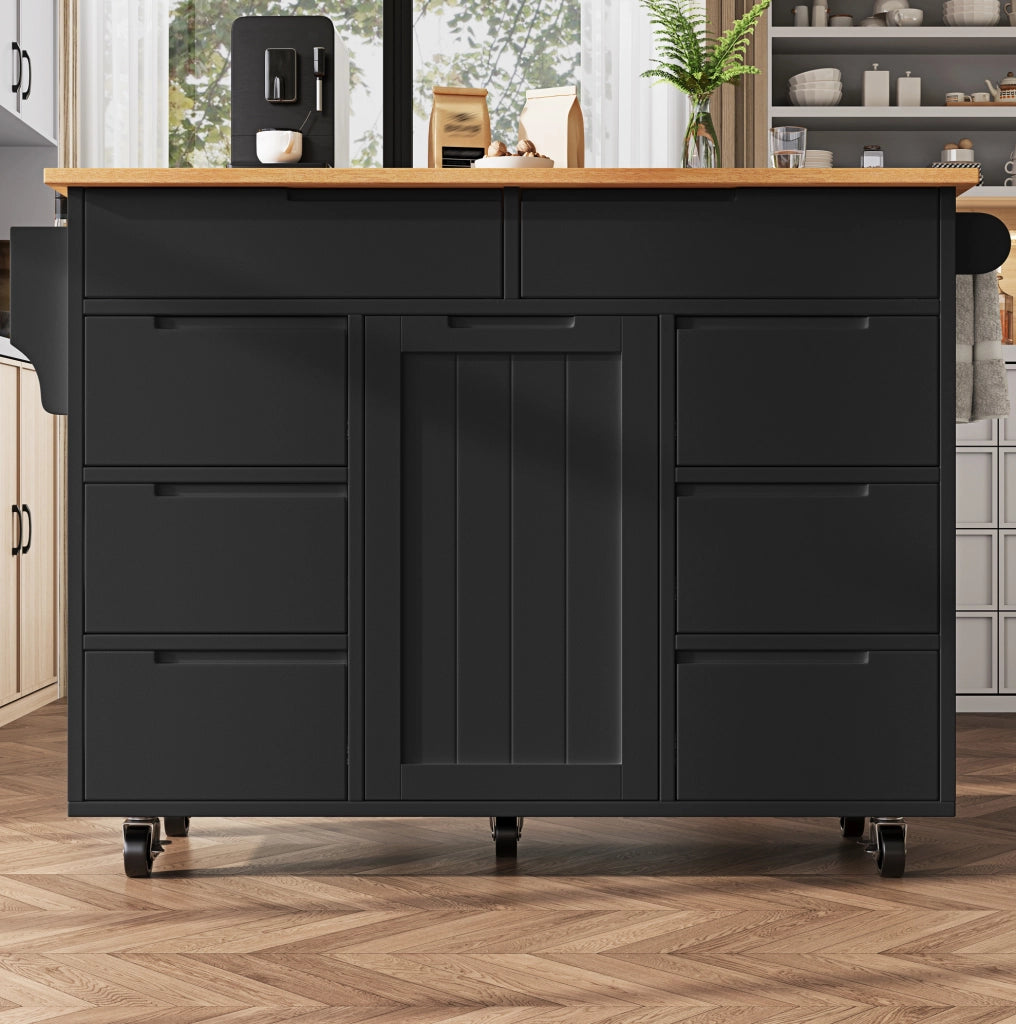 Isola cucina mobile in MDF nero con piano pieghevole e 8 cassetti