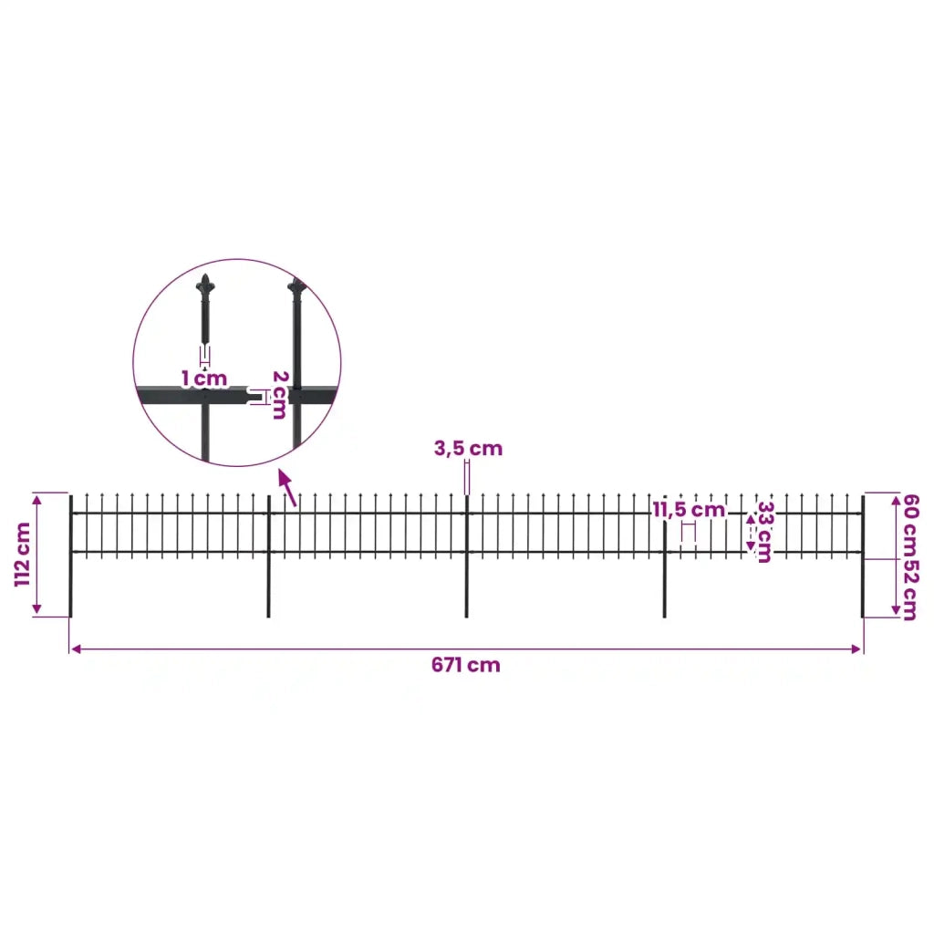 Recinzione da Giardino con Punta a Lancia in Acciaio 671x60 cm Nero 277596