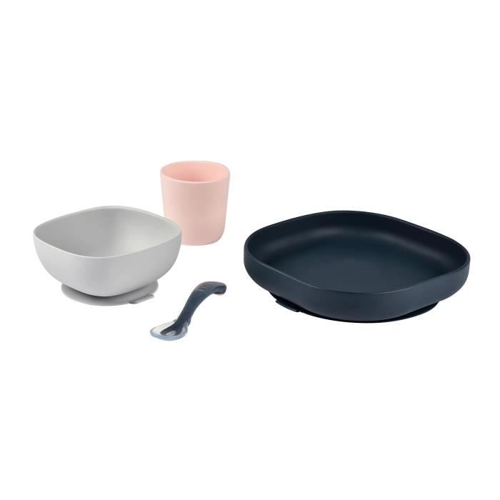 BEABA, Portapasto in Silicone per Bambini, Con Ventosa, Antiscivolo, 4 Pezzi, Piatto + Ciotola + Bicchiere + Cucchiaio, Blu Notte