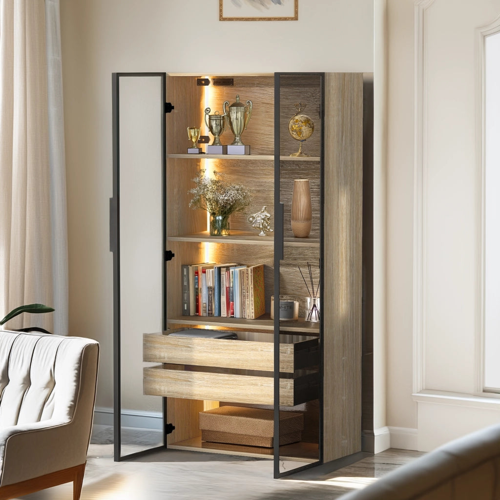 Armadietto da bagno con LED e 2 cassetti, ante in vetro satinato, ripiani aperti, per bagno e camera, naturale, 74 × 36 × 155 cm