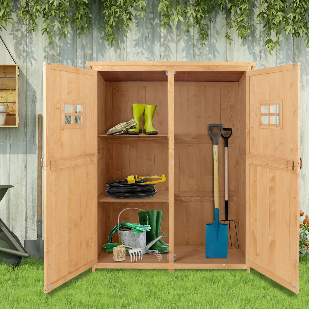 Casetta da Giardino Legno con Porta Doppia, Mensole e Finestre, 127.5x50x164cm