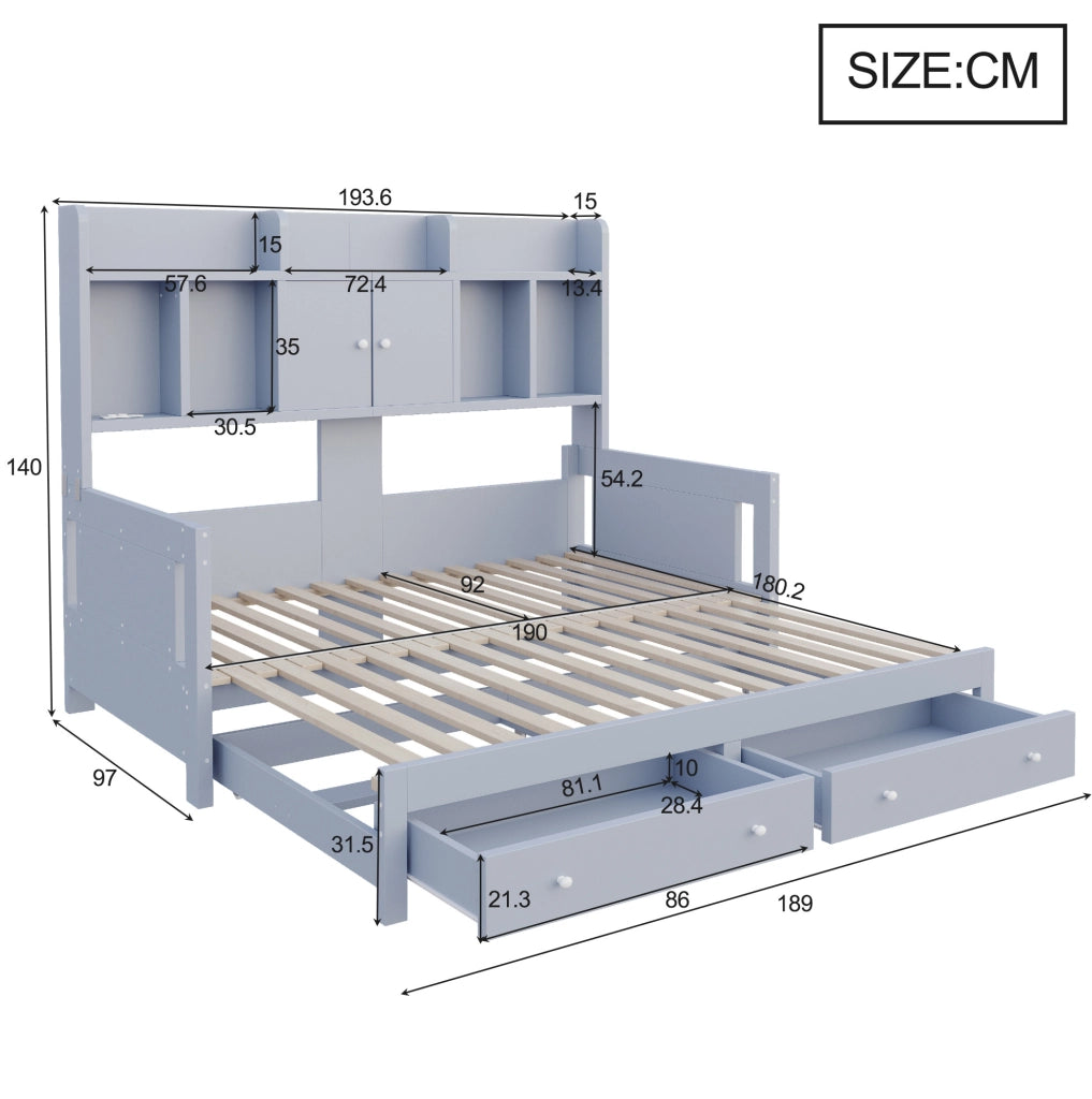 Divano letto estraibile 90x190/180x190 cm con cassetti; LED e prese; grigio
