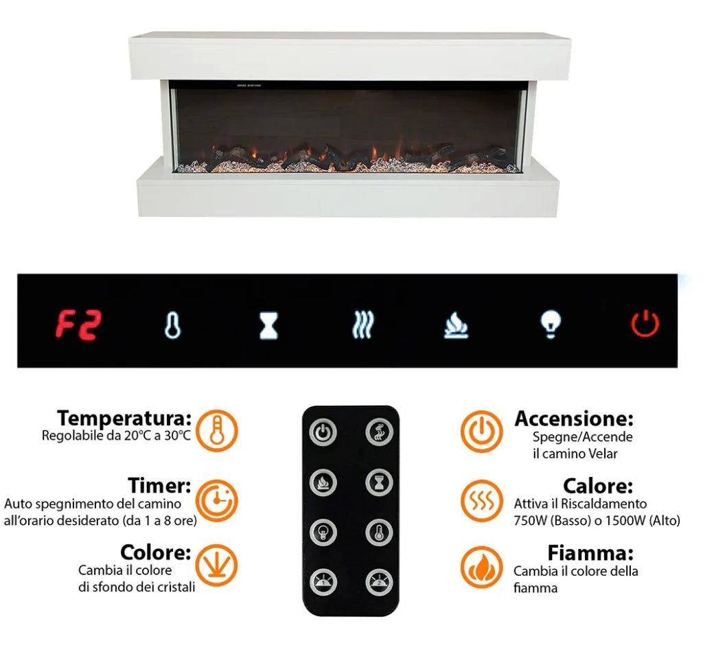 Tempo Style - Camino elettrico a parete e da incasso ALARO PLUS | Stufa ventilata da 750W/1500W a basso consumo (Bianco, 128cm)