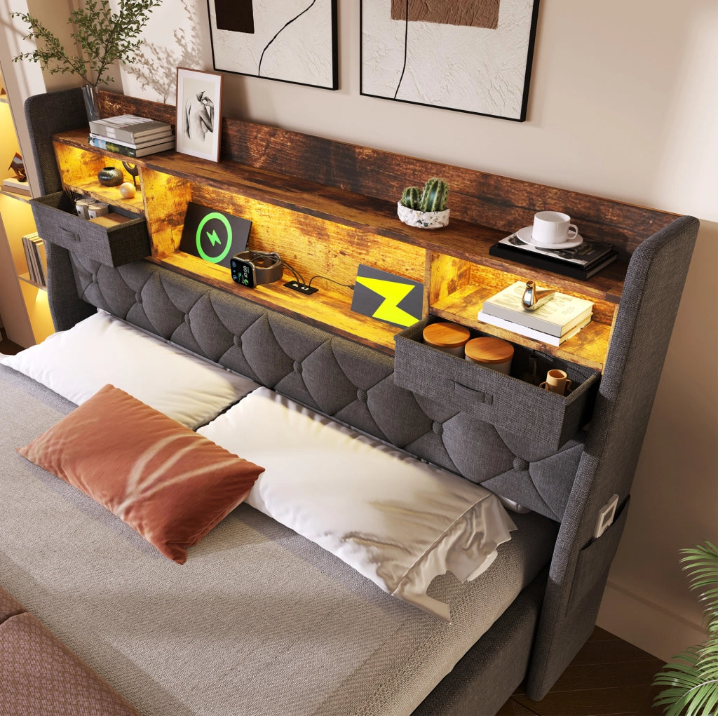 Letto matrimoniale 140x190 cm con contenitore idraulico; LED e porte USB in lino grigio