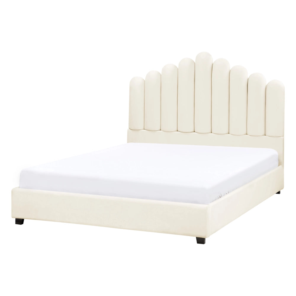Letto matrimoniale ad acqua in velluto bianco sporco 140 x 200 cm testata alta a conchiglia stile classico retrò