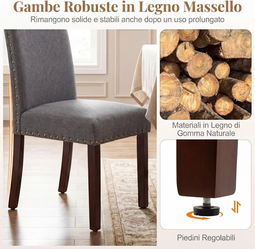 Set di 2 Sedie da Pranzo Imbottite, Sedie da Cucina con Schienale Alto, Gambe in Legno Massello e Piedini Regolabili, Portata 155 kg, Sgabelli Moderni per Cucina, Soggiorno e Ufficio (Grigio)