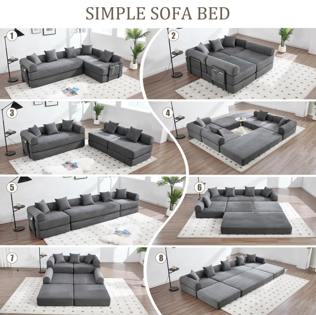 Divano modulare con tasca laterale e funzione letto 270x180x64 cm; in velluto corduroy grigio scuro