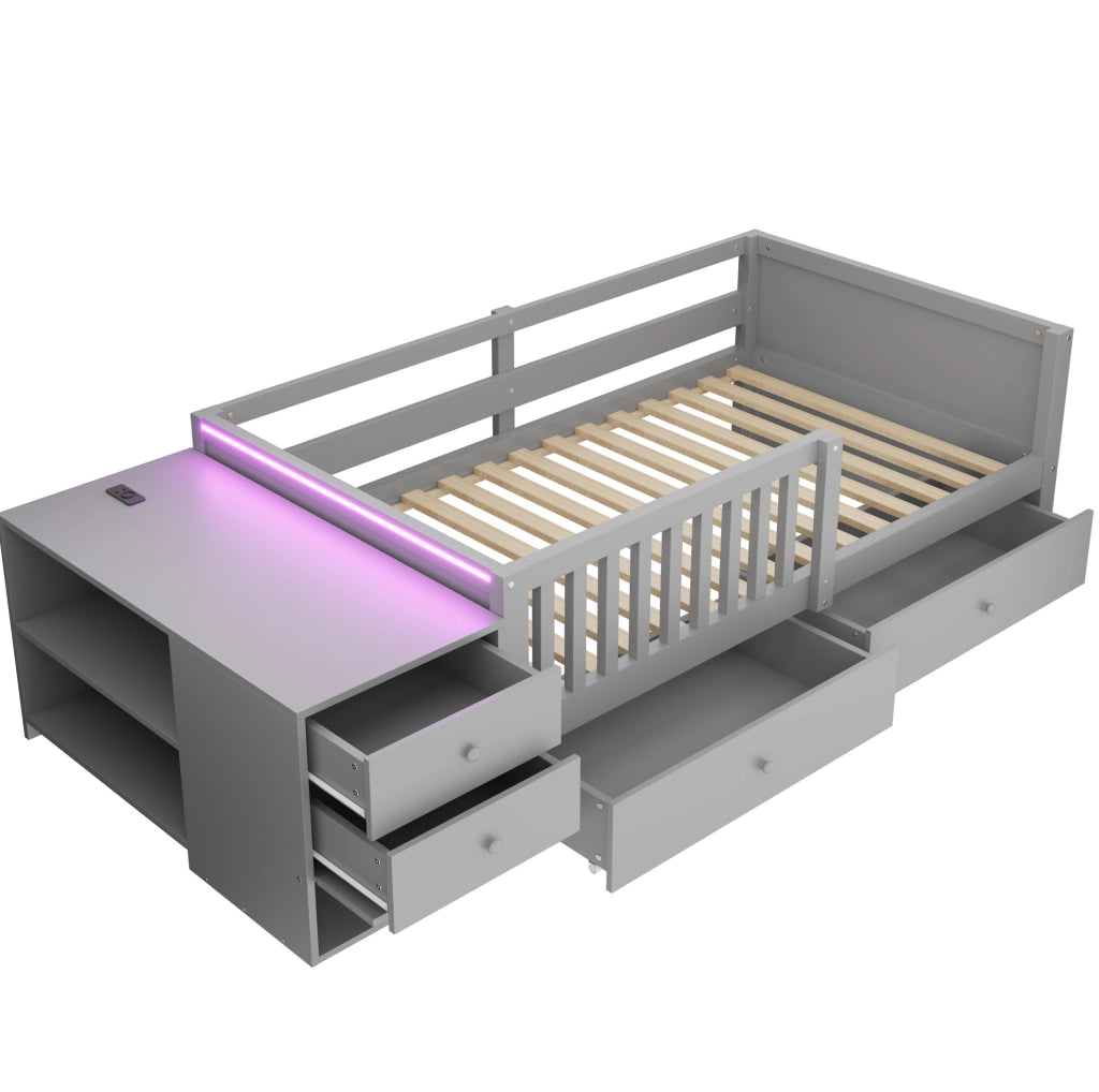 Letto a soppalco per bambini 90 x 200 cm con contenitore separato; LED e presa; grigio