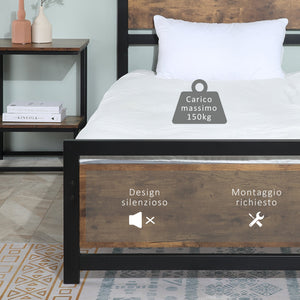 Struttura Letto Singolo 90x200 cm in Acciaio con Doghe Integrate Nero e Marrone Rustico