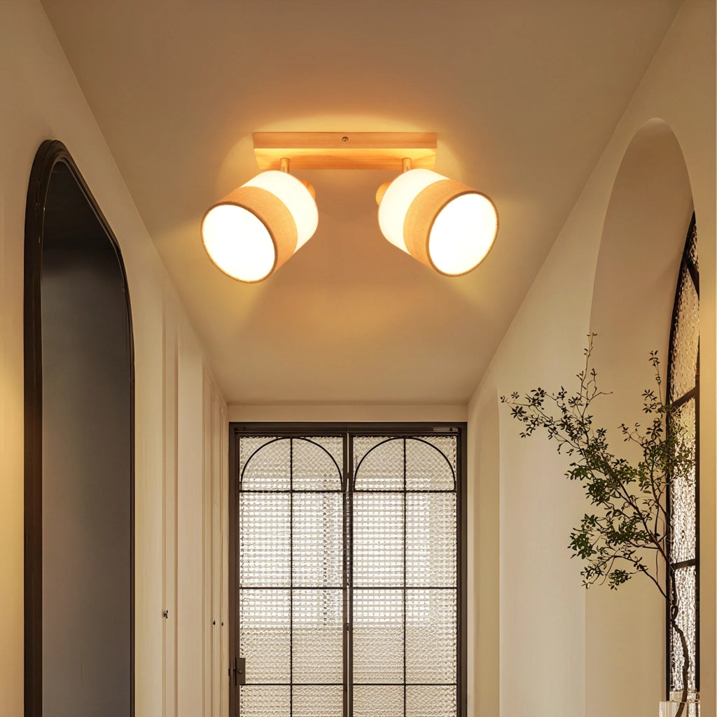 ZMH Faretto da soffitto vintage 2 luci E14 legno tessuto orientabili 350° max 25W senza lampadina