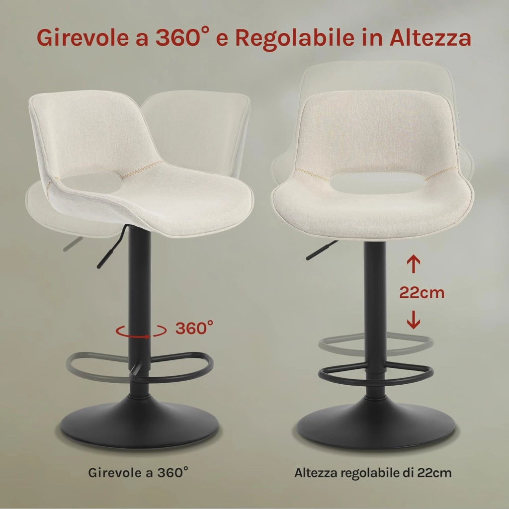 Set di 2 Sgabelli da Cucina, Sedia da Bar in Lino, Sgabello Regolabile in Altezza, con Schienale, Seduta Imbottita Girevole a 360°, per Bistrot, Pub, Base in Metallo, Beige, BH438be-2