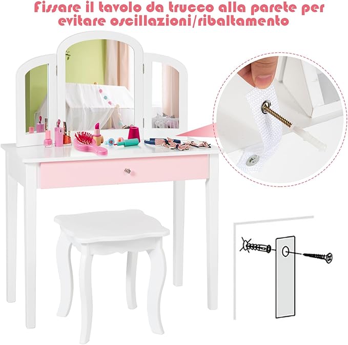 Toeletta Trucco per Bambina, Specchiera Trittica per Ragazza in Legno Robusto con Sgabello e Cassetto, Postazione Trucco 2 in 1 per Cameretta e Cmera da Letto, 95x70x34cm(Bianco)