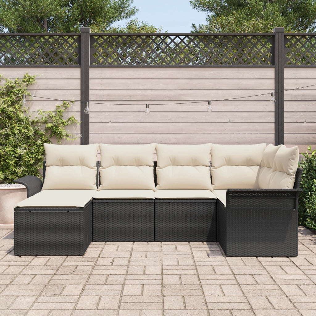 Set divano da giardino con cuscini da 6 pezzi in polyrattan nero
