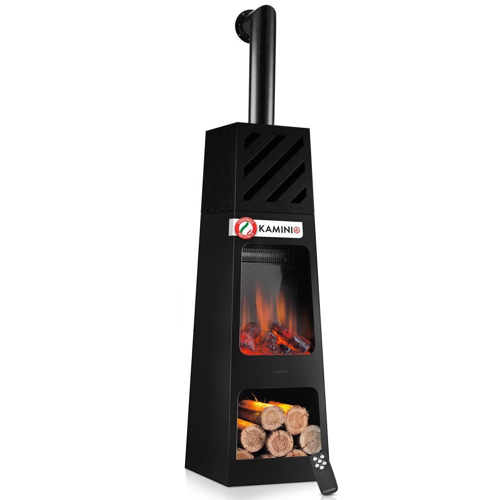 KAMINIO Caminetto elettrico da giardino con tubo KAI XL - Stufa de terrazzo  elettrico con riscaldamento, effetto fiamma 3D, luce ambiente a LED, scomparto de legno, telecomando - X-Large, Nero