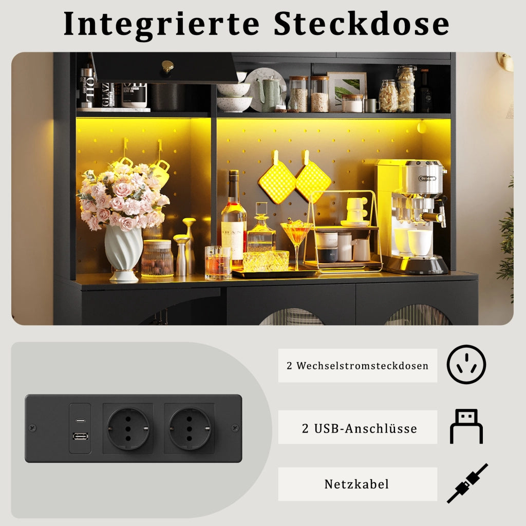 ARMADIO ALTO 120x40x176 cm Nero in MDF e vetro con LED, prese USB