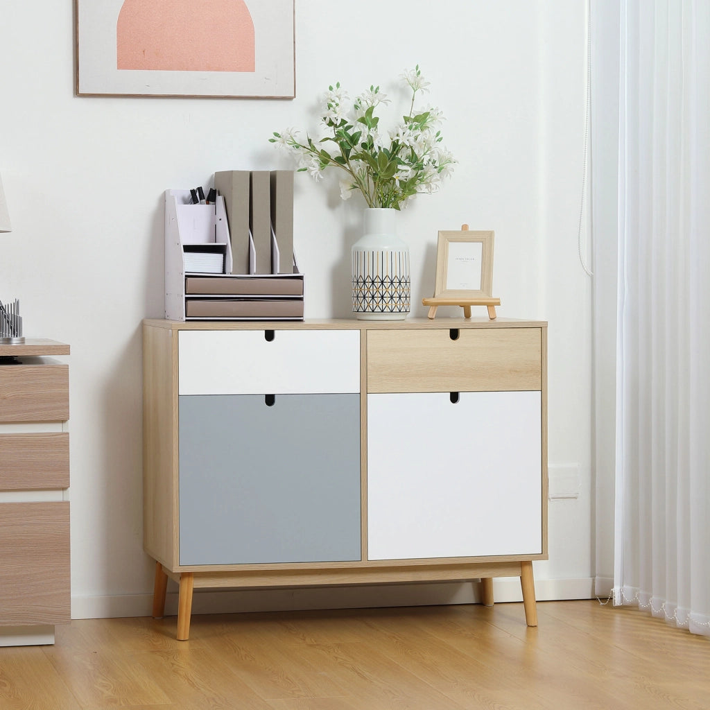 Mobiletto Multiuso Stile Nordico, Armadietto Due Ante con Cassetti per Cucina e Ingresso, 100x40x79.5cm, Multicolore
