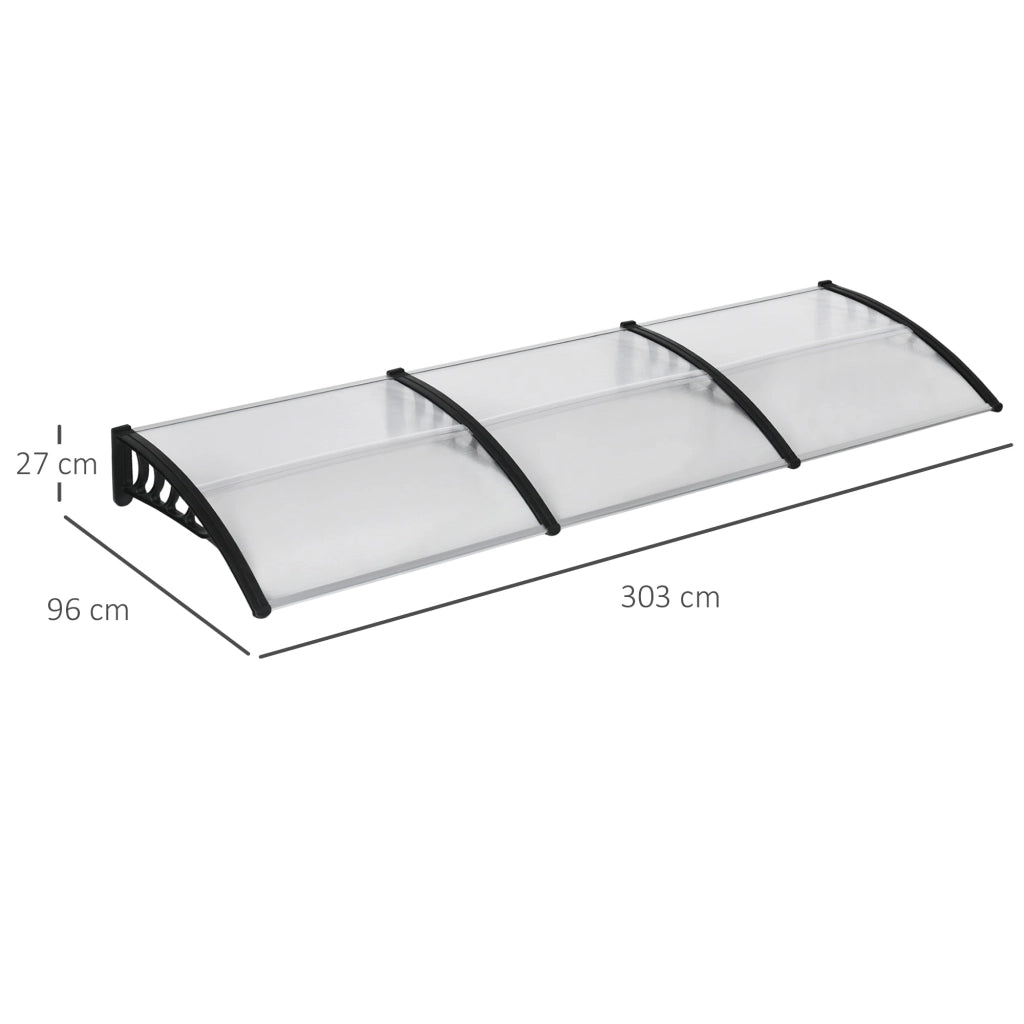 Pensilina Tettoia 303x96x27 cm in Policarbonato Alluminio e PP Nera e Trasparente