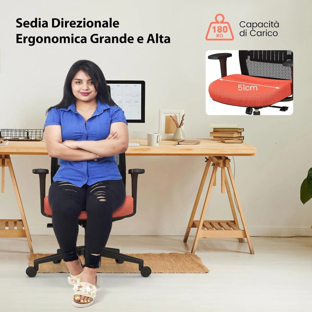 Sedia da Ufficio Regolabile in Altezza, Sedia da Scrivania Ergonomica con Schienale Traspirante, Supporto Lombare, Ruote, per Ufficio e Studio, Fino a 180 kg