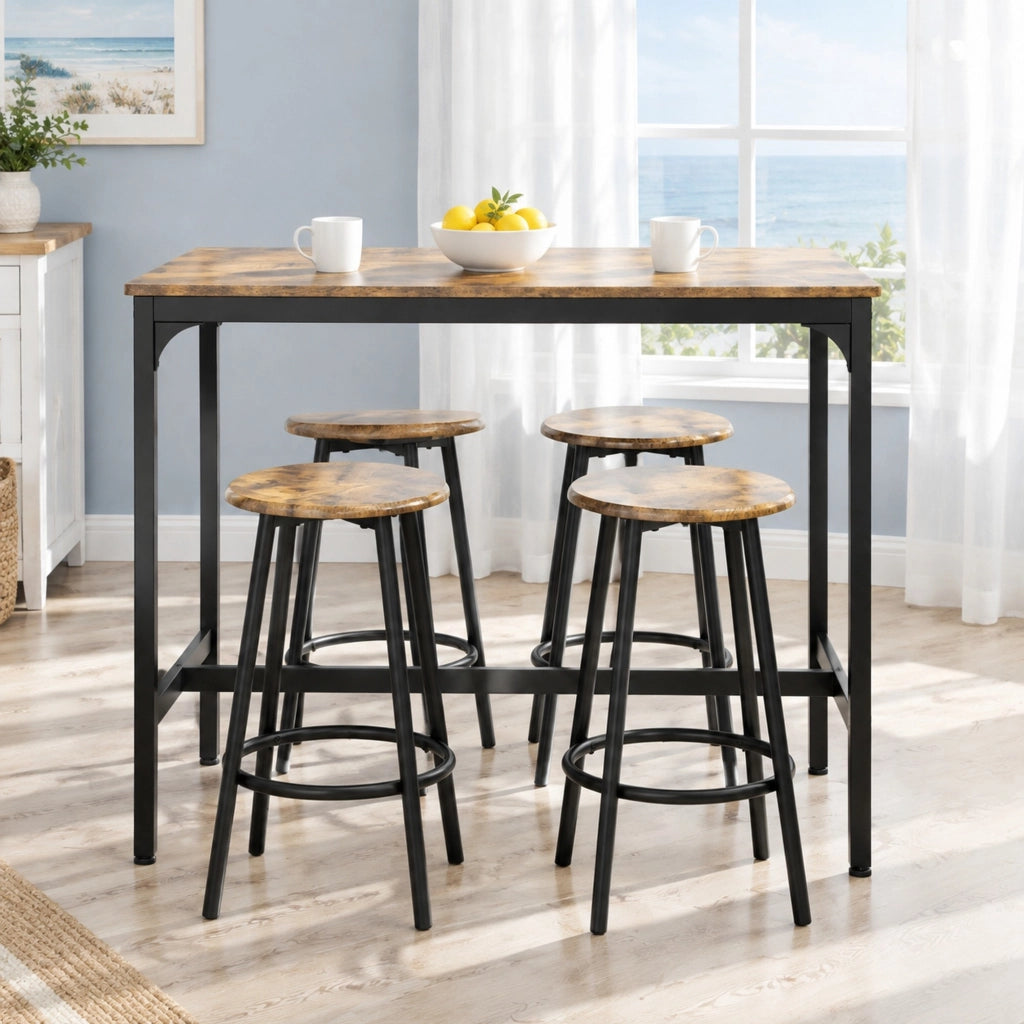 Set tavolo alto con 4 sgabelli in MDF e metallo