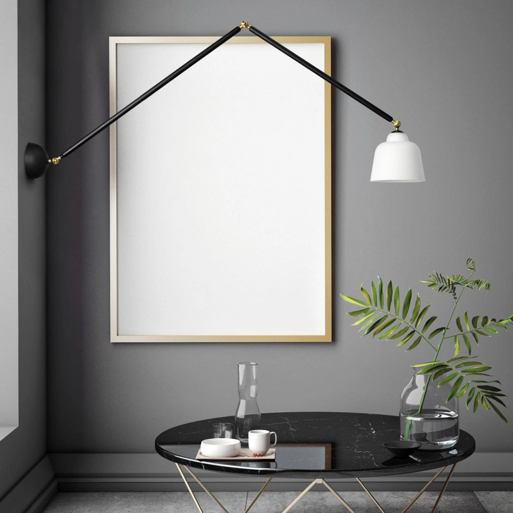 NEORETRO APPLIQUE DA PARETE 1 LUCE GRANDE SNODABILE D.17,5CM MONTATURA NERA DIFFUSORE VETRO BIANCO