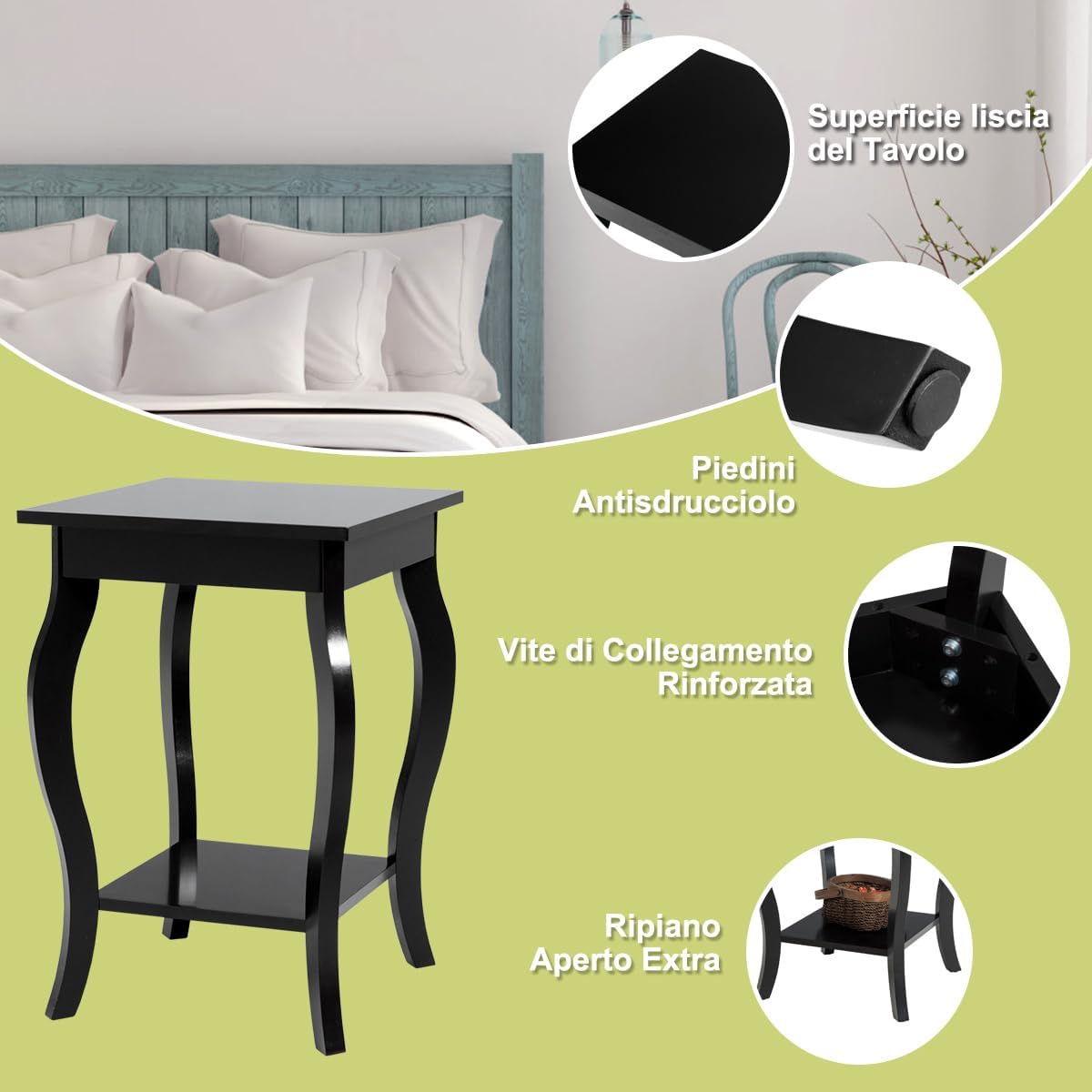 Comodino, Comodino da Divano a 2Livelli, Tavolino per la Camera da Letto, Capacit¨¤ di peso di 17 kg, 40 x 40 x 60 cm (1, nero)