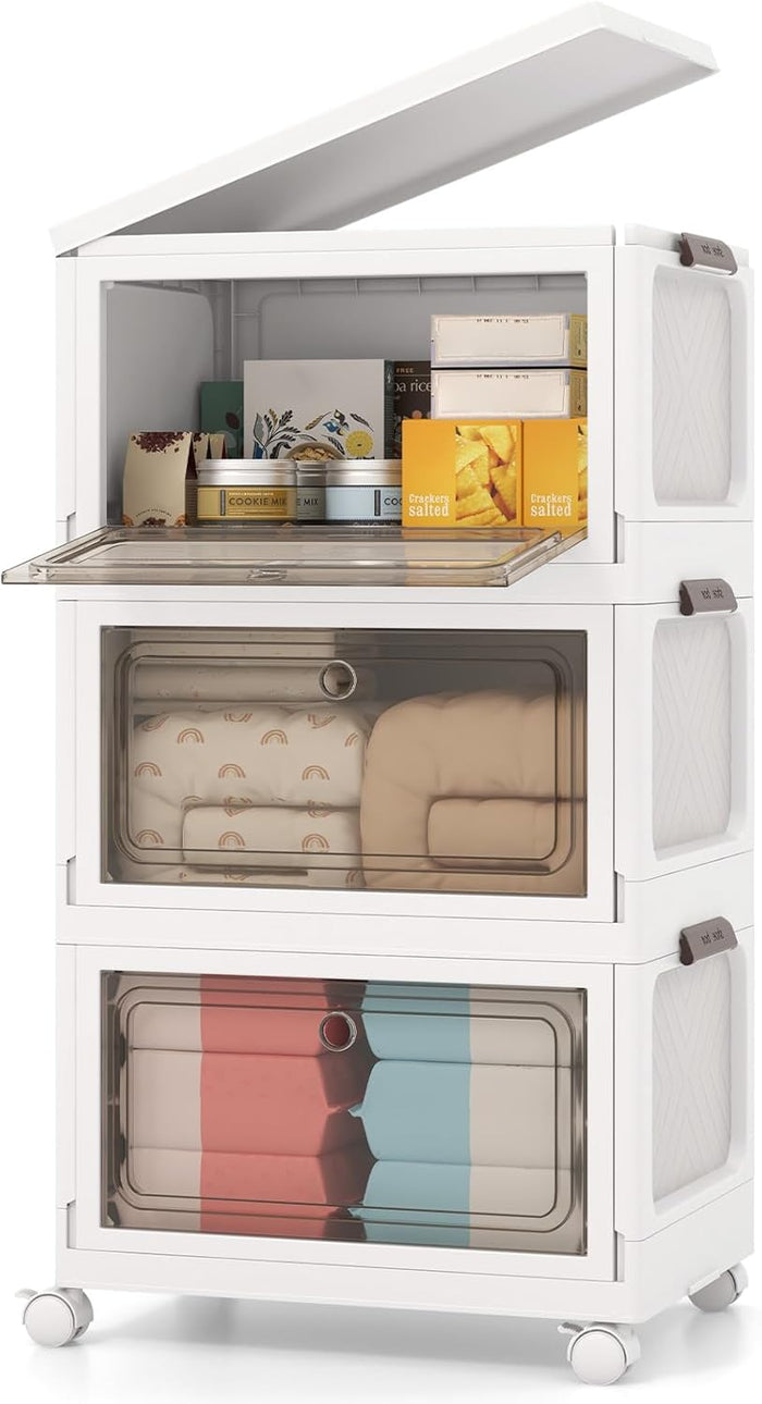 Set da 3 Contenitori Impilabili, Scatole Pieghevoli da 75/105 L con Ruote Bloccabili Porta e Coperchio, Organizzatori per Armadio, Multiuso per Casa Dormitorio (48 x 34 x 82 cm)