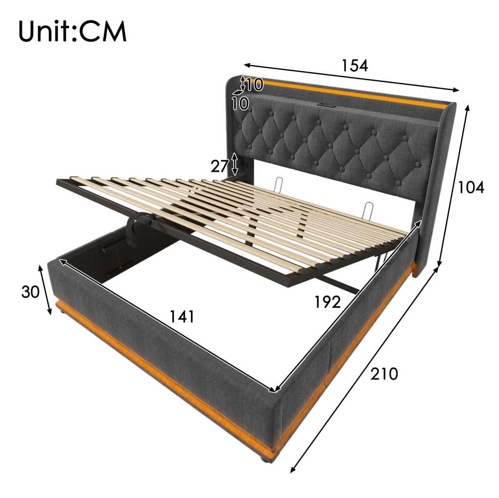 Letto matrimoniale imbottito 140x190 cm in lino grigio con LED 360掳; USB e contenitore idraulico
