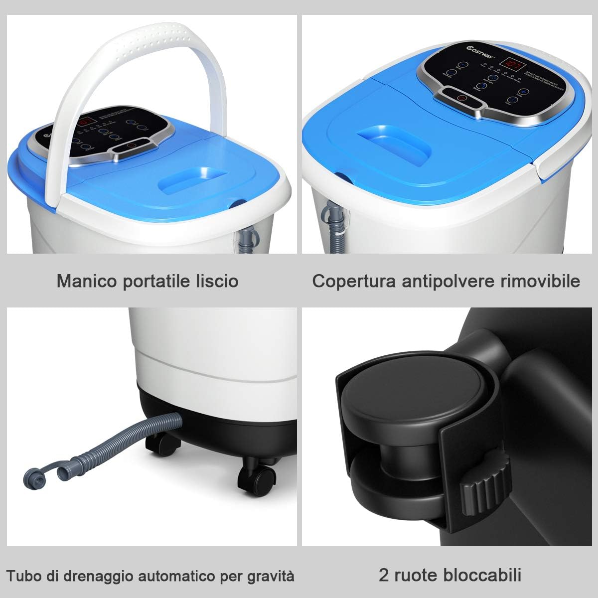 Idromassaggio per Piedi Idromassaggiatore Plantare Massaggio Shiatsu, con Funzione Calore Timer e Rulli, Luce a Infrarossi, 15L, Blu