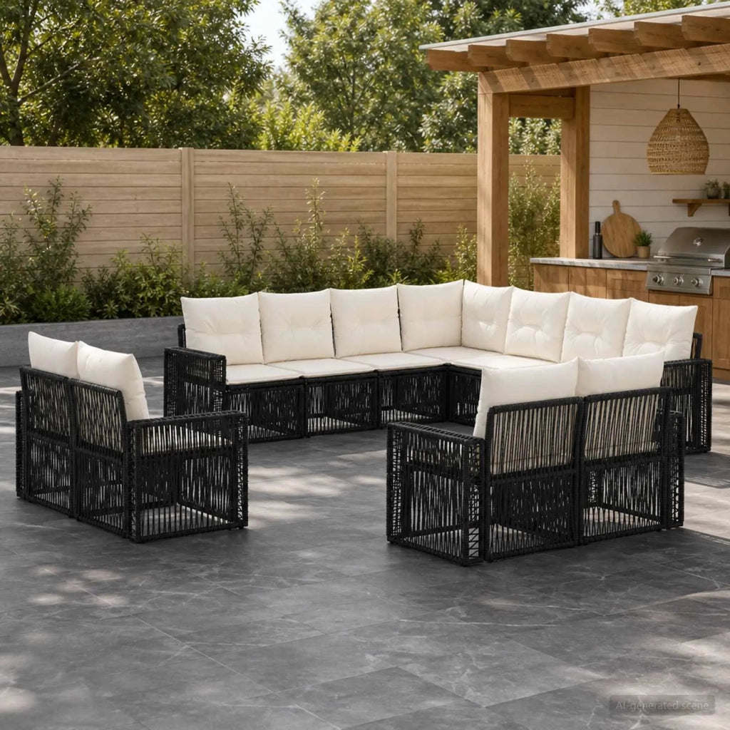Set Divano da Giardino 11 pz Nero e Bianco Crema polyrattan 3435292