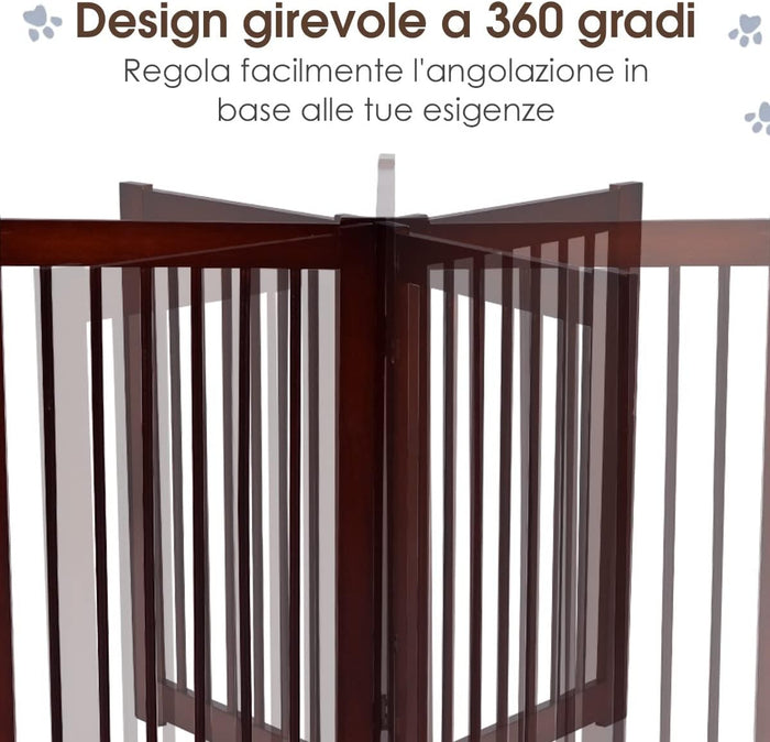 Cancelletto per Cani in Legno Massello, Cancello per Cani da Interno Girevole e Pieghevole, con 4 Ante, Cuscinetti Antiscivolo e Serratura, Ideale per Cani di Piccola/Media Taglia