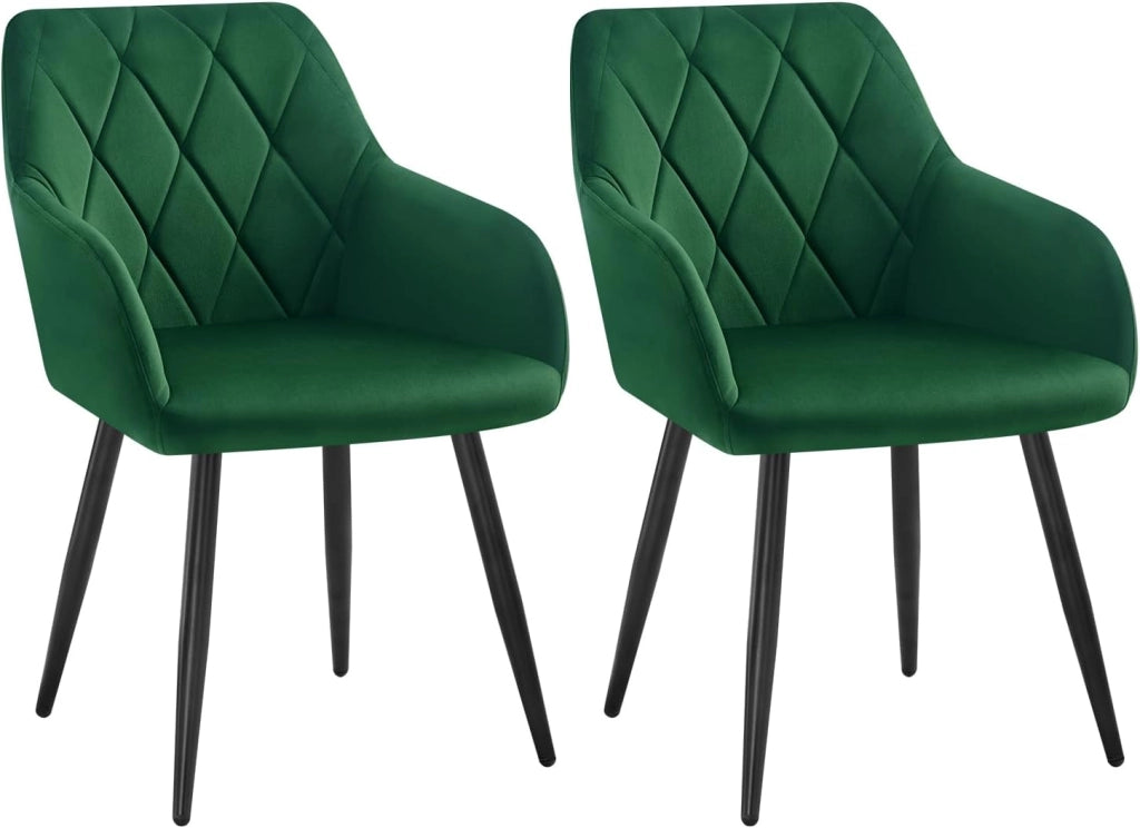 Set di 2 Sedie per Sala da Pranzo Imbottita, Poltroncina in Velluto,Sedia da Cucina con Braccioli e Schienale, Gambe in Metallo, Verde Scuro, BH352dgn-2