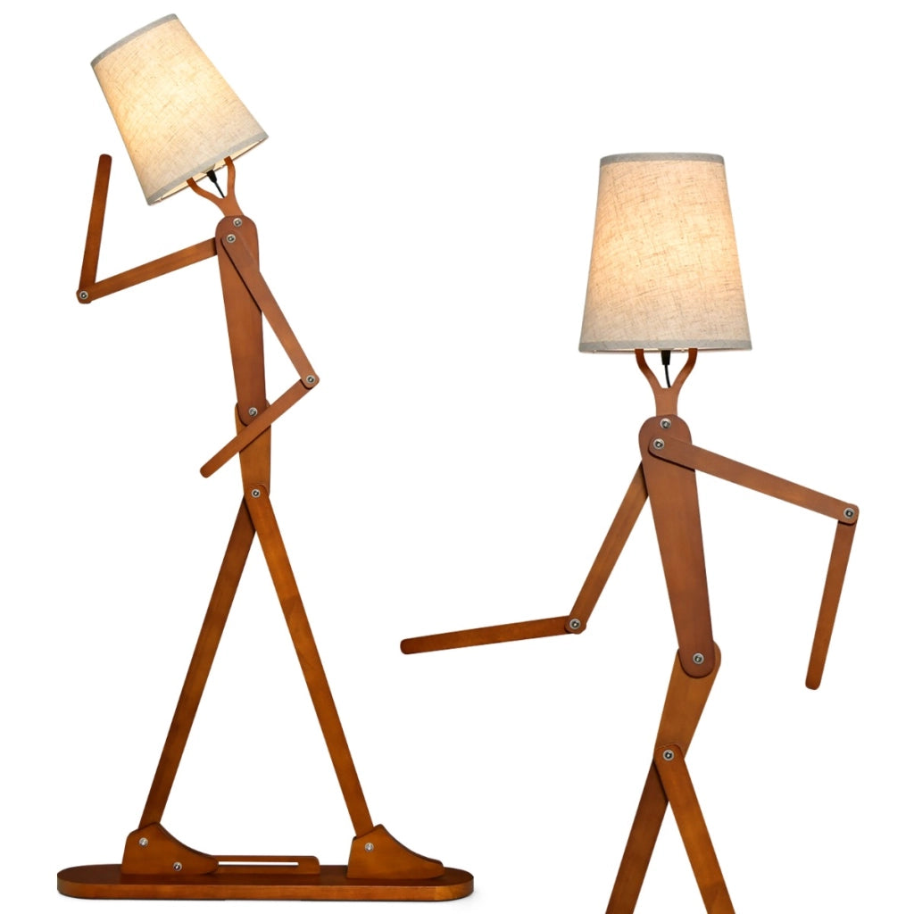 Lampada da terra in legno decorativa con articolazioni regolabili e paralume in tessuto, Lampada ad angolo