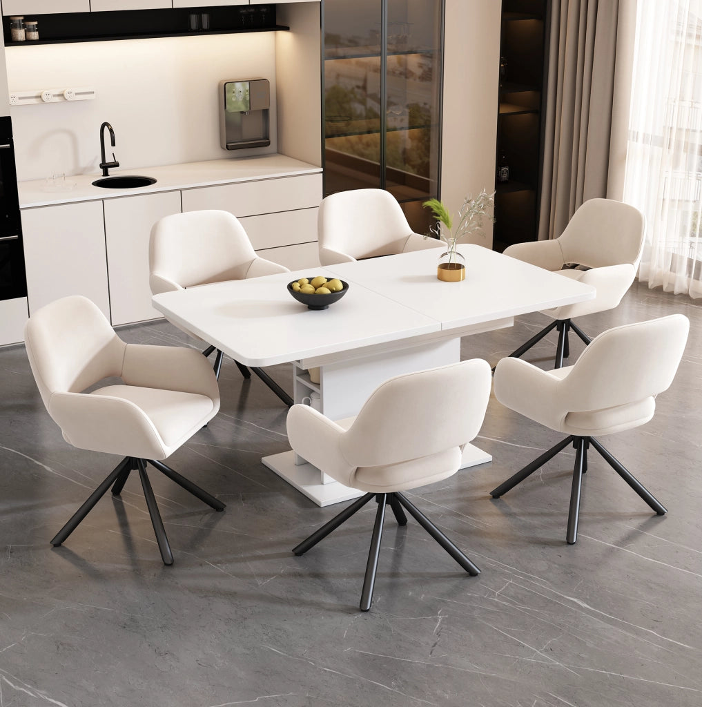 Set di 4 sedie da pranzo girevoli in velluto beige con braccioli