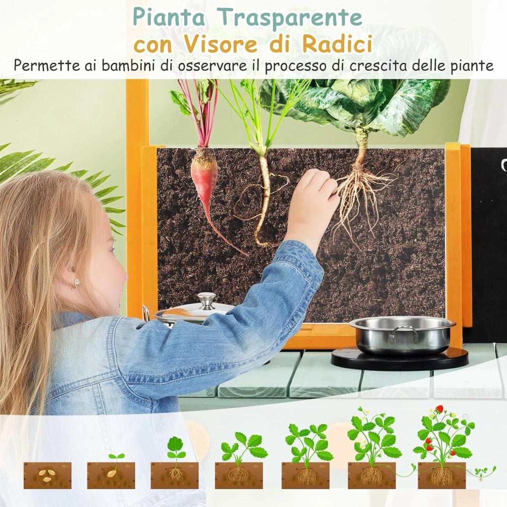 Cucina Giocattolo per Giardino con Vaso da Piantinaggio Trasparente, Rubinetto e Lavandino Rimovibile, Cucina in Legno di Abete per Bambini, Set Cucina con 8 Accessori (Verde e Arancio)