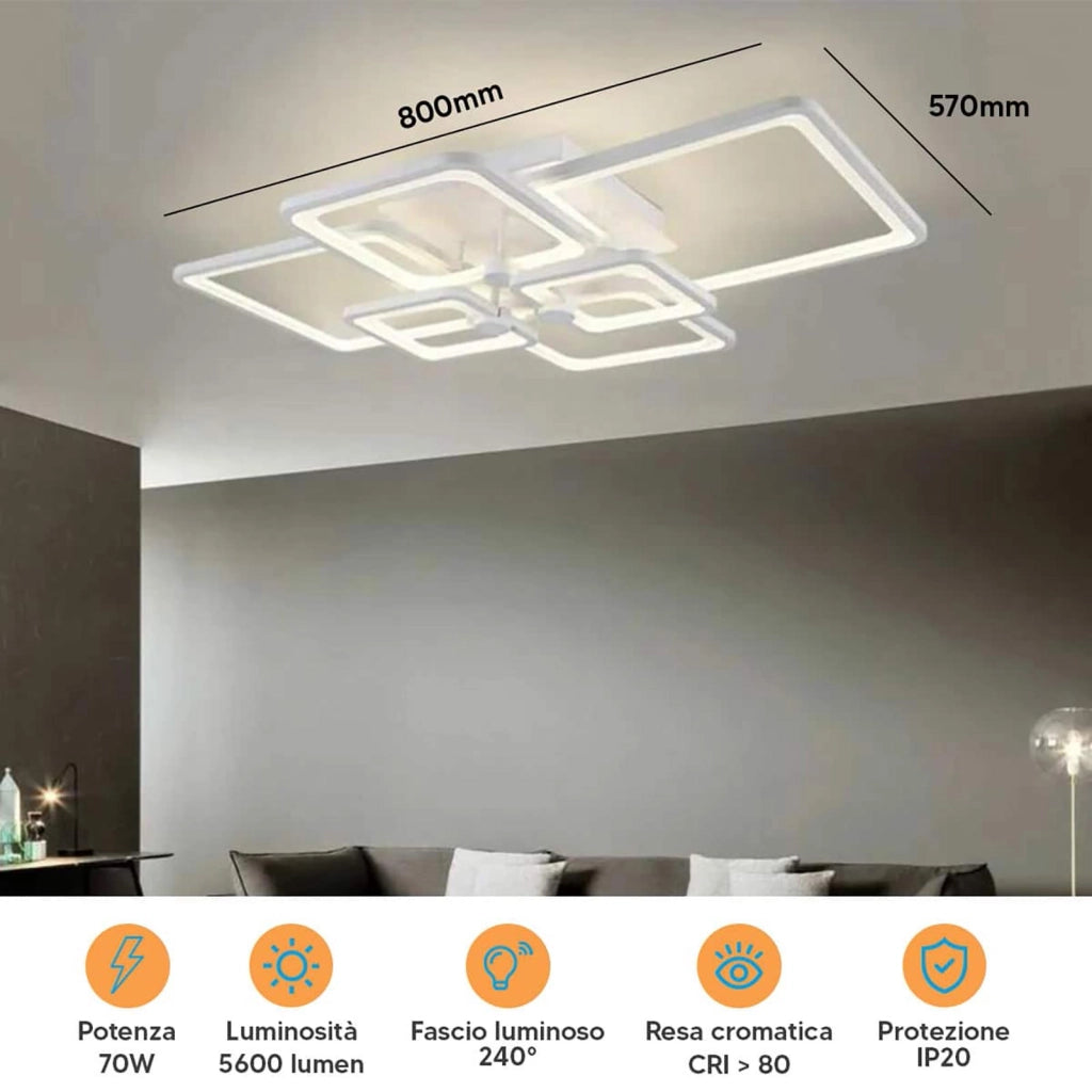 Plafoniera moderna LED 70W CCT DA 3000K A 6500K 6 quadrati luce soffitto camera letto soggiorno salotto 230V