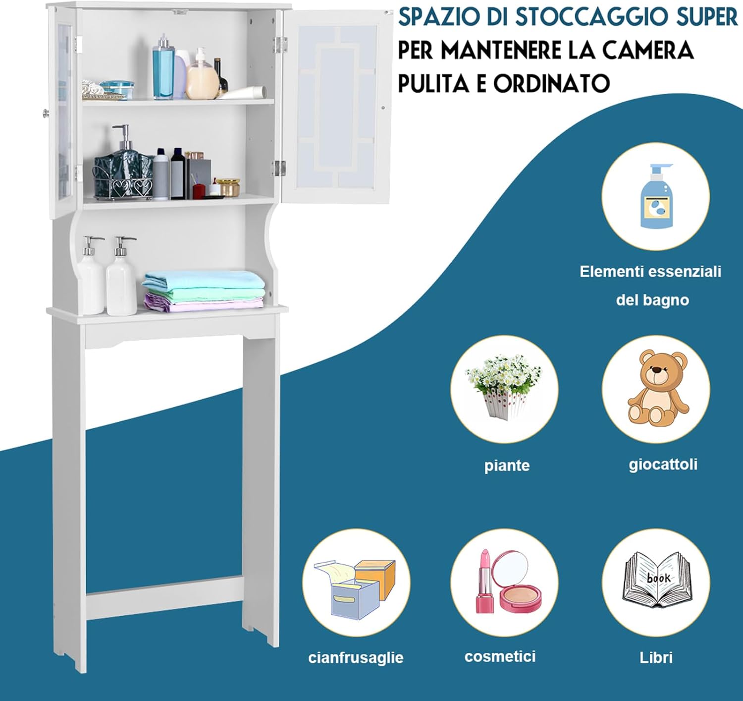 Mobile per Lavatrice, Organizzatore Bagno con 3 Mensole, Scaffale per Bagno con Mensola Interna Regolabile e 2 Ante, Salva Spazio per il Bagno (Bianco)