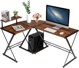 Scrivania Angolare a Forma L, Scrivania da Angolo per Computer, con Alzata per Monitor, Postazione da Lavoro Angolare per Casa e Ufficio (Noce)