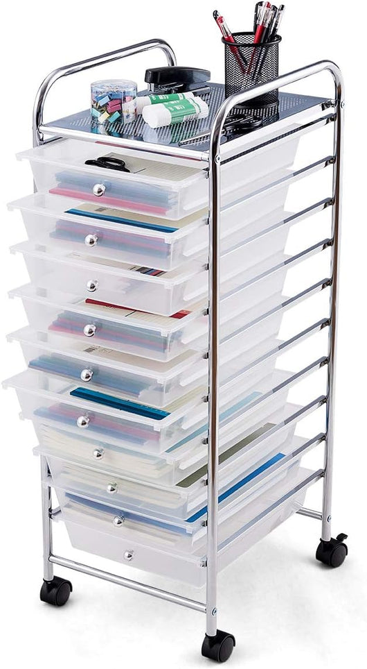 Carrelli Porta Oggetti, con 10 Cassetti, 2 Ruote Bloccabili, Braccioli Metallici, Portabile e Pratico, per Ufficio, Studio, Cucina, 5 Colori Disponibili, 37x32,5x86 cm (Trasparente)