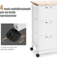 Carrello da Cucina con Ruote, Credenza Cucina con 4 Ripiani e 3 Cassetti, in Legno, Ideale per Cucina Ristorante e Bar, 67 x 37 x 83,5 cm (Bianco)