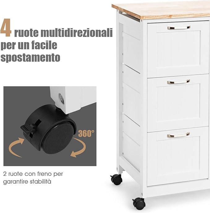 Carrello da Cucina con Ruote, Credenza Cucina con 4 Ripiani e 3 Cassetti, in Legno, Ideale per Cucina Ristorante e Bar, 67 x 37 x 83,5 cm (Bianco)