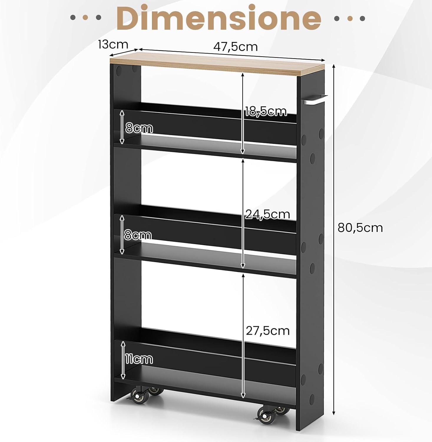 Carrello Portaoggetti da Cucina, Scaffale con Maniglia Laterale e Ruote, Carrello Salvaspazio con 3 Scaffali Stretti, 47,5x13x80,5 cm (Naturale+Nero)