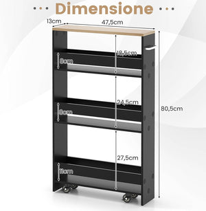 Carrello Portaoggetti da Cucina, Scaffale con Maniglia Laterale e Ruote, Carrello Salvaspazio con 3 Scaffali Stretti, 47,5x13x80,5 cm (Naturale+Nero)