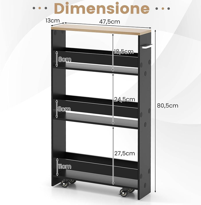Carrello Portaoggetti da Cucina, Scaffale con Maniglia Laterale e Ruote, Carrello Salvaspazio con 3 Scaffali Stretti, 47,5x13x80,5 cm (Naturale+Nero)