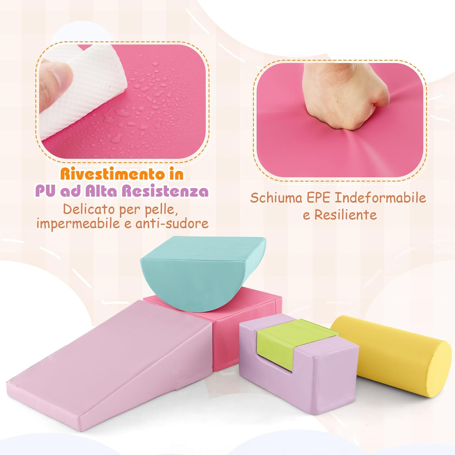 Set di 6 Blocchi per Bambini con Diverse Forme e Colori, Centro Attività Palestrina Giocattolo per Arrampicata e Strisciamento (Rosa chiaro)
