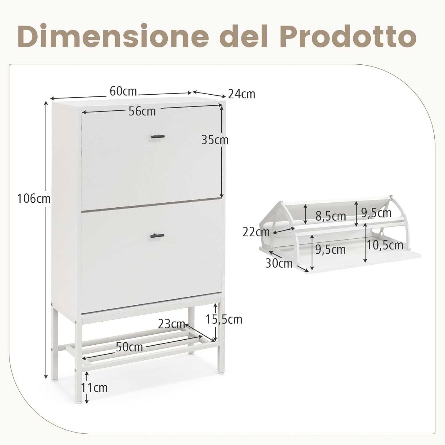 Armadio per Scarpe con 2 Cassetti a Ribalta, Scarpiera Nascosto con Ripiani Regolabili e Rimovibili, Ripiano in Metallo e Dispositivo Antiribaltamento, 60x24x106 cm (Bianco)