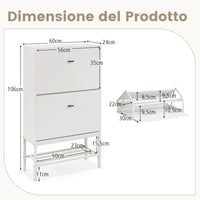 Armadio per Scarpe con 2 Cassetti a Ribalta, Scarpiera Nascosto con Ripiani Regolabili e Rimovibili, Ripiano in Metallo e Dispositivo Antiribaltamento, 60x24x106 cm (Bianco)