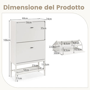 Armadio per Scarpe con 2 Cassetti a Ribalta, Scarpiera Nascosto con Ripiani Regolabili e Rimovibili, Ripiano in Metallo e Dispositivo Antiribaltamento, 60x24x106 cm (Bianco)