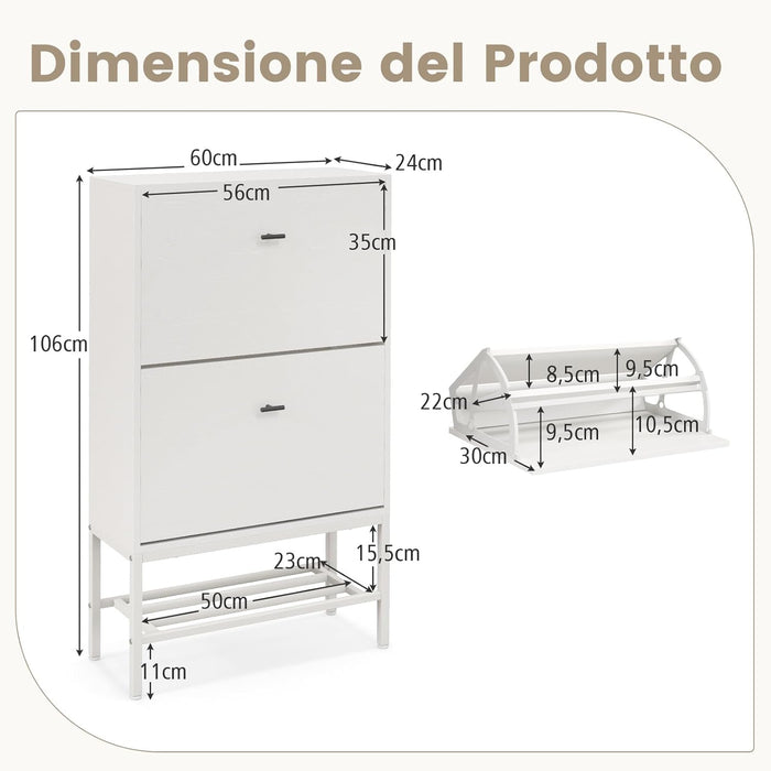 Armadio per Scarpe con 2 Cassetti a Ribalta, Scarpiera Nascosto con Ripiani Regolabili e Rimovibili, Ripiano in Metallo e Dispositivo Antiribaltamento, 60x24x106 cm (Bianco)