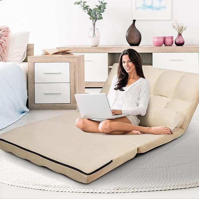 Divano Letto da Terra con 2 Cuscini, Divano Letto Pieghevole con Schienale Regolabile a 6 Livelli, Ideale per Camera da Letto e Soggiorno (Beige)